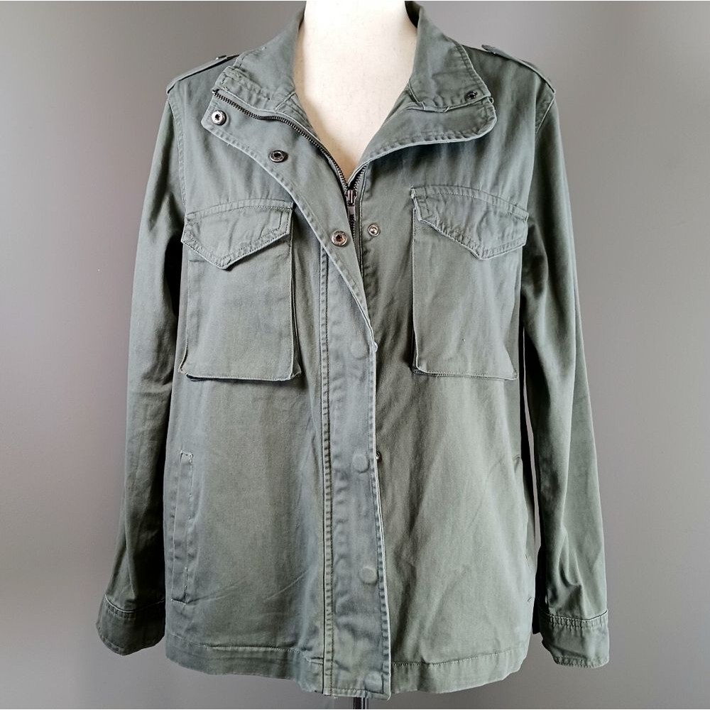 Cotton Utility Jacket Snaps Zip Pockets Army Drab Green Military Epaulets Size M - Picture 2 of 11
